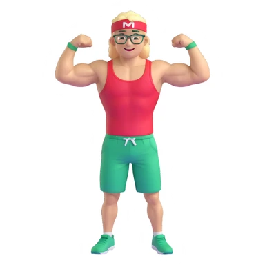 Man with black and white cap, bare muscular torso, red shorts, clear glasses, messy light blond mullet hairstyle, flexing and smiling sticker