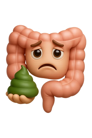 emoji stile iphone 3d di un intestino con espressione triste con cacca verde e liquida in mano , iperrealistiche 4k sticker