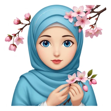 Turkish beautiful finish Konya girl blue eyes with hijab islamic dress and had on her hand cherry blossom sticker