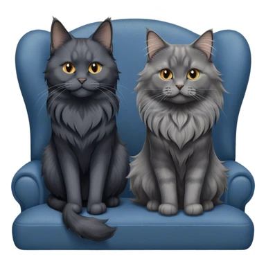 Portrait of a black smoke Maine Coon cat with long grey ear tufts, alongside a British Shorthair cat with a solid blue coat on sofa. Both cats with detailed fur textures and playful expressions. Soft, elegant background of room with warm, natural tones. Transparent background. sticker