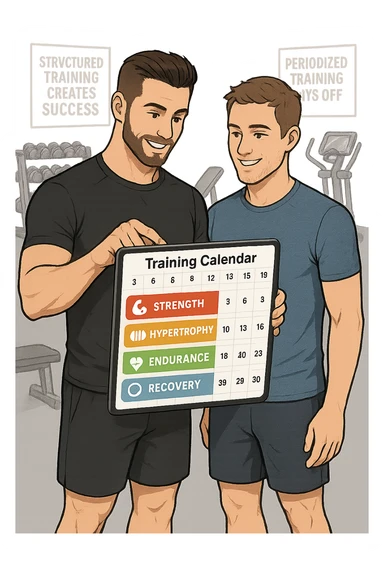 a personal trainer and a client stand in a modern gym, reviewing a large, color-coded training calendar or chart on a tablet. The calendar shows different phases (strength, hypertrophy, endurance, recovery) with icons and dates. Around them, gym equipment and motivational posters reinforce the idea of structured, periodized training. sticker