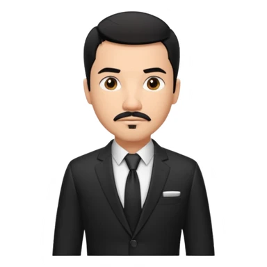 Roupa: terno preto moderno e bem ajustado, com camisa social branca sem gravata (para dar um ar mais contemporâneo), cinto de couro preto e relógio prateado. Tom de pele: médio quente
Cabelos: curtos e bem penteados PRETOS
Rosto: com bigode e cavanhaque leve, expressão firme e confiante. PRETOS sticker