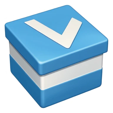 Blue box with a white check mark in the middle of the blue box that is a little bit tilted to the right and its 1 dimensional  sticker