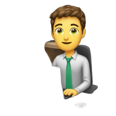 Brown hair green eye short hair male Developer sitting with a computer sticker
