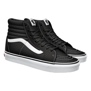 Clean minimalist iOS emoji style pair of black Vans Sk8-Hi high tops with one behind the other, simple forms, flat design, essential white stripe detail sticker