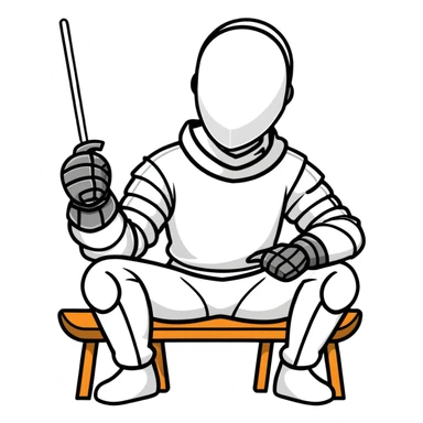 epee fencer sitting on stool holding mask under arm before match sticker