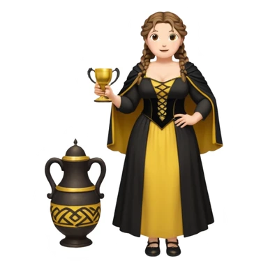 Helga Hufflepuff,brown-haired,2 braids,yellow-black medieval open dress,deep neckline,fat macromastia,black cloak decorated with gold braiding,gold cup with two handles,very kind smile,curvy busty sweet woman,round rosy cheeks,full length with medieval shoes sticker