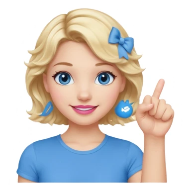 Girl Blonde short wavy hair,  blue eyes, cute blue top, long lashes, pink lips, smiling, fist bump sticker