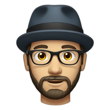 young dark-haired white man with a hat, glasses and beard sticker