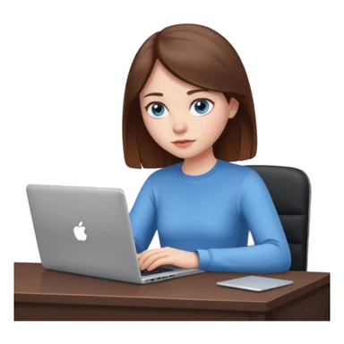 girl with blue eyes and brown hair, white skin, focused on her laptop, modern workspace sticker