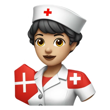 pixie cut black straight hair female nurse  hat with red cross sign in the middle wearing dress
pale skin color sticker