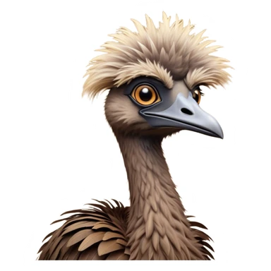 Cinematic Noble Emu Portrait Emoji, Poised and regal, with a tall, slender build and a shaggy, well-groomed fur of earthy brown feathers, a long elegant neck and deep-set soulful eyes, Simplified yet sharp and sophisticated features, highly detailed, glowing with a soft, dignified glow, high shine, intelligent and stately, stylized with an air of outback majesty, focused and attentive, soft glowing outline, capturing the essence of a watchful and confident bird, so majestic it feels as though it could stride out of the screen with effortless authority! sticker