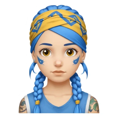 blue braided hair with yellow head bandana and lots of face tattoo girl sticker