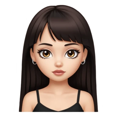 generate a pretty bratz girl in black cami top, dark brown straight long hair with bangs, eyeliner on. dark brown eyes sticker
