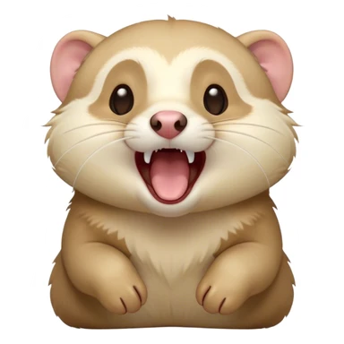 Cinematic Cute Yawning Ferret Portrait Emoji, Head tilted slightly with an exaggerated, wide-open yawn, showcasing a long, flexible body with a plush coat in soft brown and cream, droopy, drowsy eyes, and a relaxed expression, Simplified yet irresistibly endearing features, highly detailed, glowing with a soft, cozy natural glow, high shine, relaxed yet expressive, stylized with a dash of whimsical charm, soft glowing outline, capturing the essence of a sleepy yet affectionate ferret that seems ready to curl up for a nap! sticker
