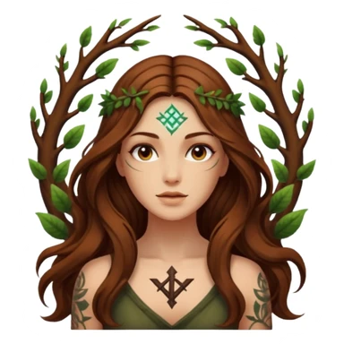 idea moment forest woman long wavy brown hair tattoos glowing rune above head sticker