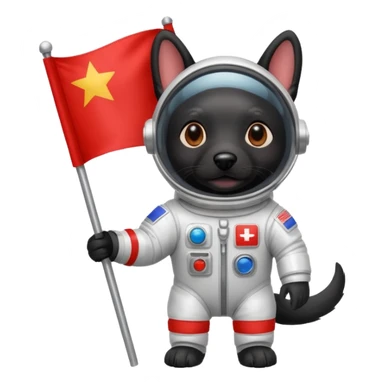 black dog standing in space suit holding red rectangle flag sticker