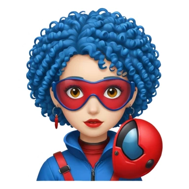 blue curly haired girl with huge earrings wearing red paintball helmet and eye protection, only face  sticker