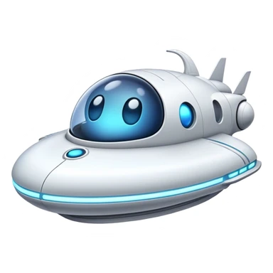 Design a simple, friendly spaceship with a smooth, rounded shape. Add a clear 'face' on the front using glowing lights for eyes and a curved line for a smile, giving it personality. Use a plain background to keep the focus on the ship sticker