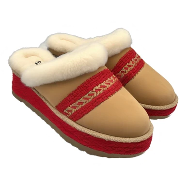 Camel color chunky platform slip-on mule UGG slippers. thin red woven zig-zag trim line detail on the cuff sticker