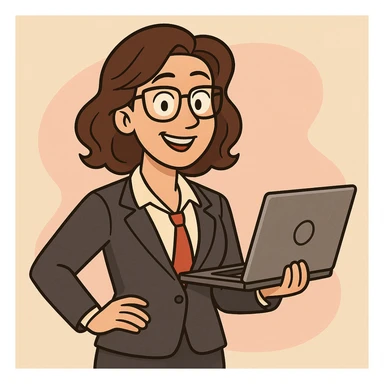 cartoon style female financial expert, friendly, with laptop, business outfit sticker
