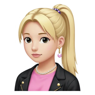 High school white girl with long blonde hair hair tied into a ponytail. Wearing a pink tee shirt with a black jacket and pearl stud earrings. She’s also wearing a short, dainty and girly (maybe 16”) gold chain sticker