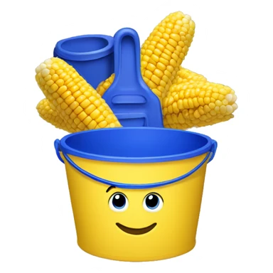 Yellow bucket with royal blue top with the words “corn starch” sticker