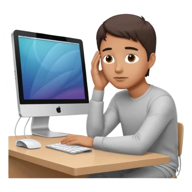 emoji of a man sitting at the table with an imac on it, a man is sitting in a very thoughtful pose, he has his hands on the table and his head resting on themб he look into the screen of imac sticker