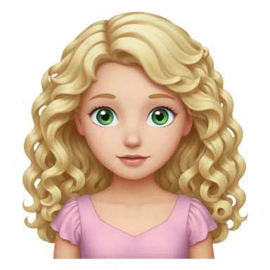 A white girl with long blonde curly hair and blue and green eyes wearing light pink sticker