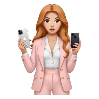 pale skin Kim Kardashian with ginger wavy long Hair, light pink  Spacious classical jacket, light pink palazzo Arrow pants and white blouse holding white IPhone 15 pro in the hands sticker