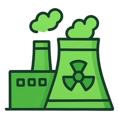 minimal flat icon of a nuclear power plant with cooling towers, simple shapes, green energy vibe sticker