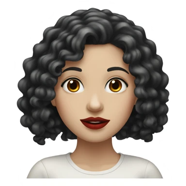 White girl, with curly long black hair, with red lipstick sticker