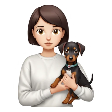 A short-haired girl in a white sweatshirt holding a Doberman sticker