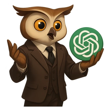 Сова в костюме восхищенно держит в руках логотип GPT, будто это череп из Гамлета в духе "Быть или не быть, вот в чем вопрос", прозрачный фон sticker