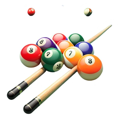 Two crossed pool cues resting on a billiard table, with colorful billiard balls scattered across the surface. The background features the felt of the table, creating an inviting atmosphere for a game of precision and strategy sticker