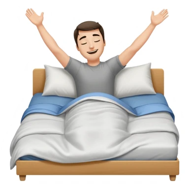 A man in bed laying down under covers kicking feet in air because so excited to sleep. Eyes are closed and he is smiling. Arms down and put him under covers but show feet In air kicking. sticker