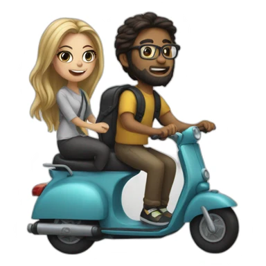 boy with long hair tied in a bun, beard, and glasses, riding a black scooter with a girl on the back sticker