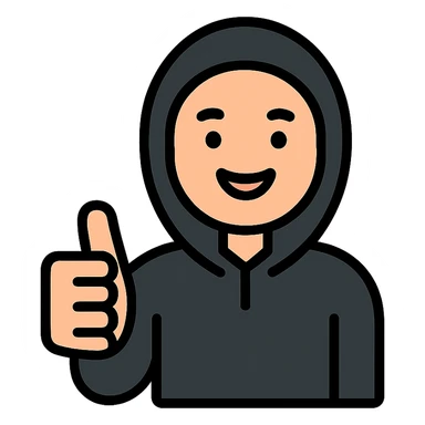 person in black hoodie giving a thumbs up, smiling, modern icon style sticker