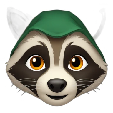 brown raccoon with orange eyes and a dark green hood that smile sticker