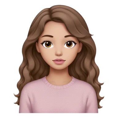 a woman with beige knit long sleeve top, her hair is long wavy brown hair, her face is soft girl style, her eyes color are black and the color of her lip is soft pink sticker