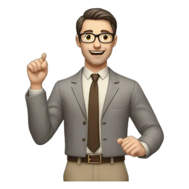 To belt Actively gesturing with hands Pale skinned fit man teacher with dark brown hair in gray jacket, beige office shirt, brown tie, brown pants and vintage glasses. sticker