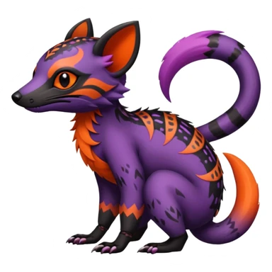 Rare warm-colored exotic gloomy tropical edgy cute epic aesthetic spooky  gothic colorful Salandit-Noibat-Civet-species-Fakemon-hybrid-creature, with tribal tattoo markings, full body sticker