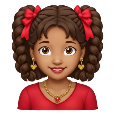 Brownskin girl dark brown hair fluffy. pigtails with red bows brown eyes smiling closed mouth red shirt gold esrrings gold necklace sticker