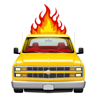 Yellow Chevrolet C-2500 Crew Cab with movie-accurate red flame vinyl graphic on the hood, exactly like the Kill Bill 'Pussy Wagon', 30-degree view, iOS emoji style sticker
