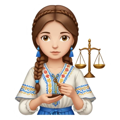Ukrainian girl with brown hair wearing a traditional embroidered vyshyvanka shirt, holding scales of justice in her hand sticker