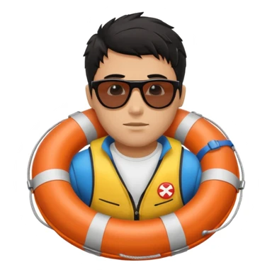 Dark Tan Muscular lifeguard without shirt with messy black hair with sunglasses, with life preserver sticker