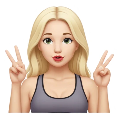 White woman wearing lululemon with blonde hair and middle part doing duck lips and sticking up peace sign with one hand  sticker