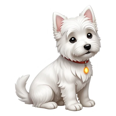 cinematic-[west highland white terrier]-realistic-full-body-sitting-emoji,-tail-resting-loosely-beside-its-paws,-head-tilted-dramatically, dooped ears -wavy-[white-fur,-simplified-yet-realistic-focused-features,-highly-detailed,-glowing-with-an-almost-sarcastic-glow sticker