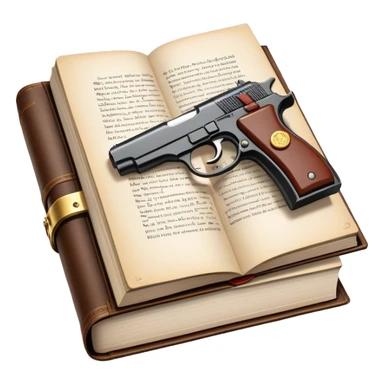 Humanless Icon for Action & Crime Reading: an open book with action-packed scenes, featuring a gun, handcuffs, a detective's badge. The icon should capture the tension and excitement of crime and action stories. Transparent background. sticker