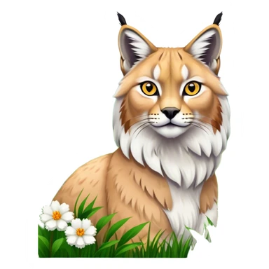 Collage of exotic animals: a lynx with striking eyes, and a fluffy alpaca standing in a lush meadow. The lynx gazes intently while the alpaca looks calm and curious. Surrounded by vibrant plants and flowers. Transparent background for a lively, colorful scene. sticker